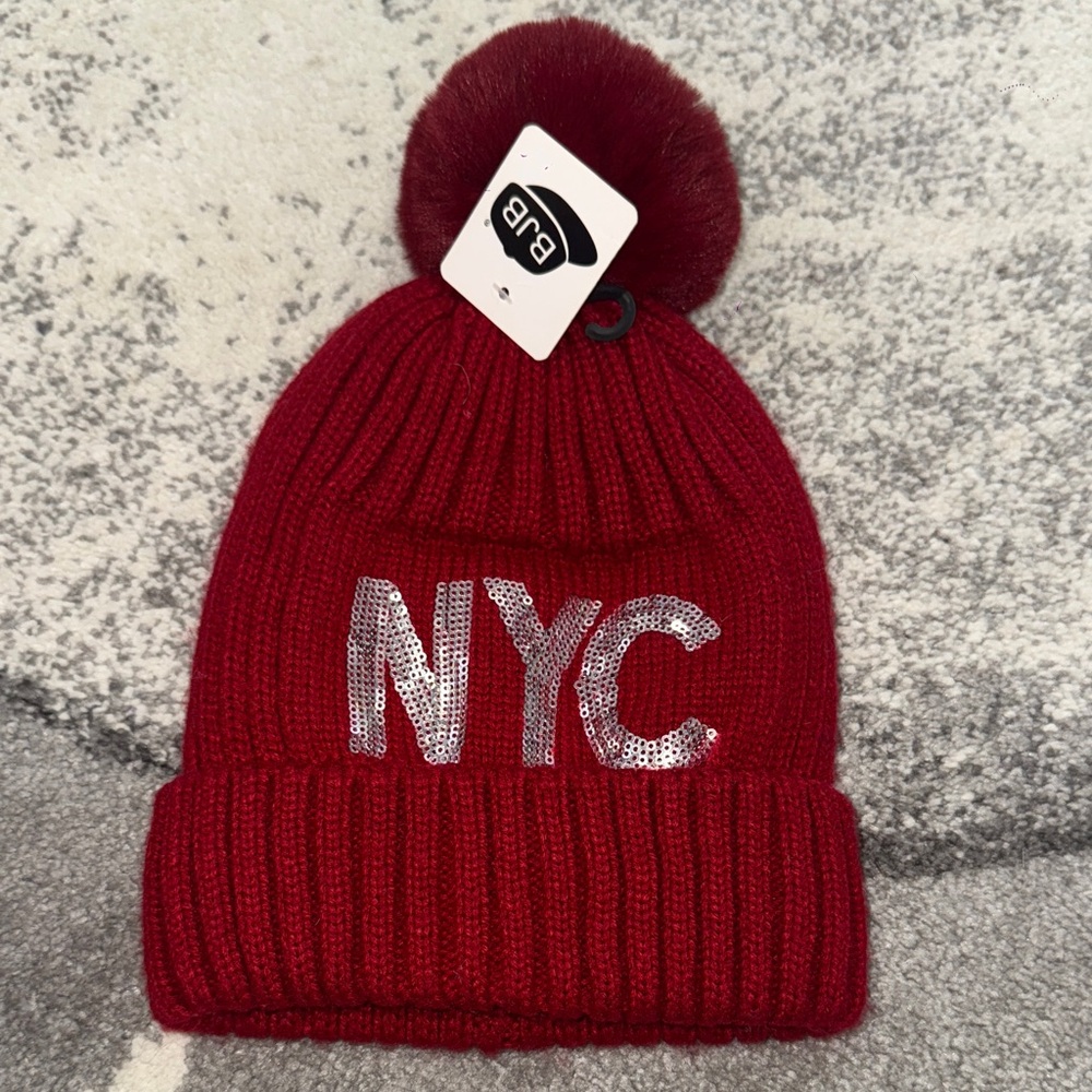 Bebe Kids Burgundy Pom-Pom Hat with NYC Design